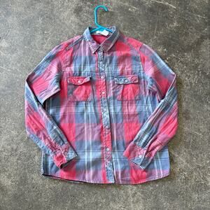 Dizzy Lizzy Plaid Shirt Womens S Pink Blue Utility Lightweight Summer Button Up
